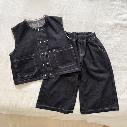 ノースリーブセットアップ デニムダブルボタンベスト/ワイドルーズロングデニムパンツジーンズ【mh0010491】