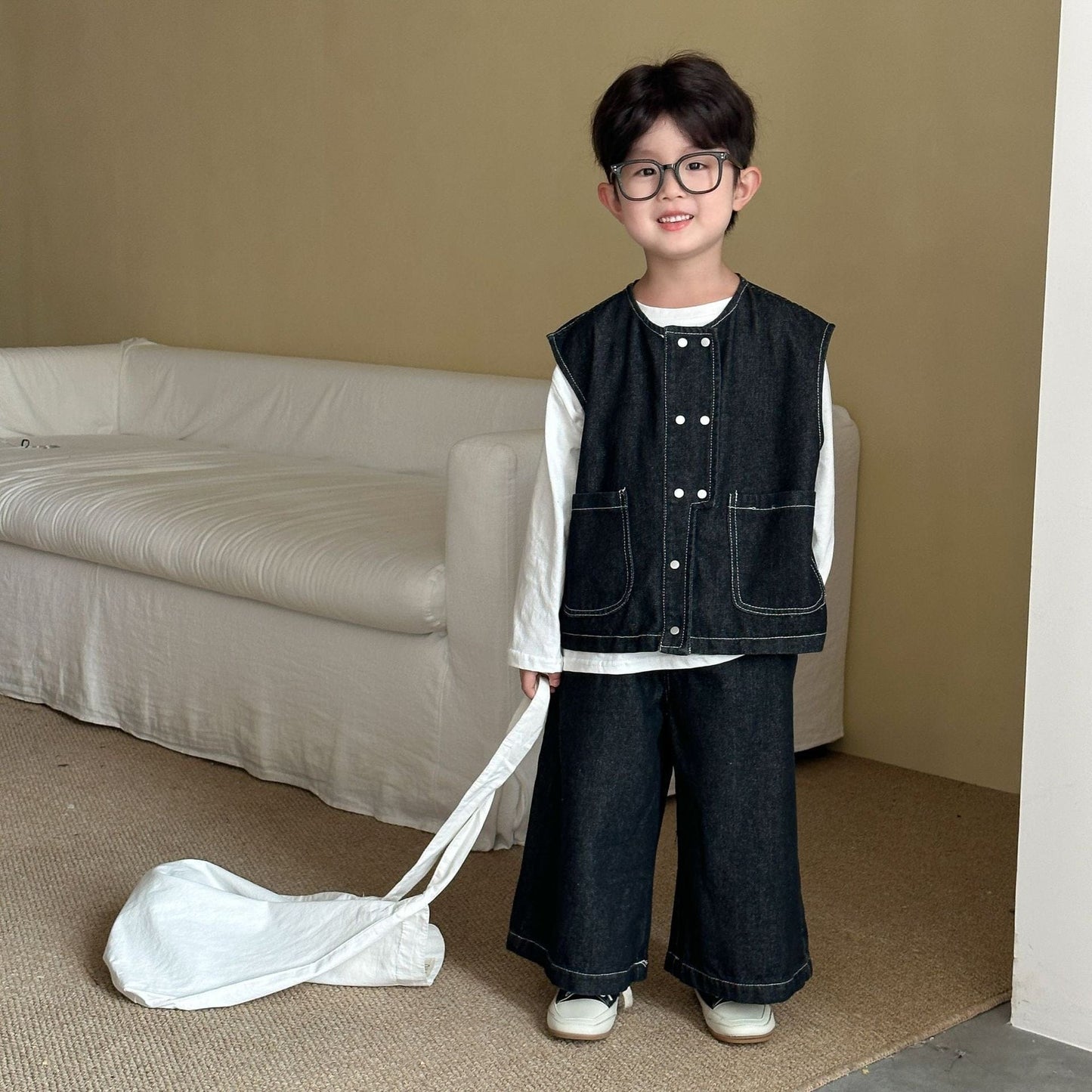 ノースリーブセットアップ デニムダブルボタンベスト/ワイドルーズロングデニムパンツジーンズ【mh0010491】