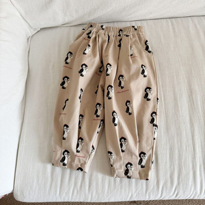 ロングパンツ・スウェットパンツ ペンギン/フラワープリントロングルーズタックパンツ【mh0010496】