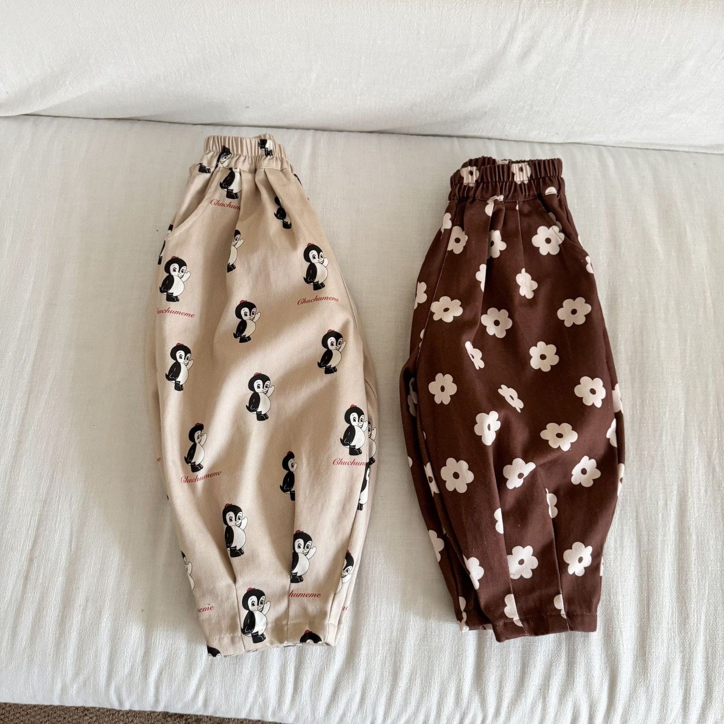 ロングパンツ・スウェットパンツ ペンギン/フラワープリントロングルーズタックパンツ【mh0010496】