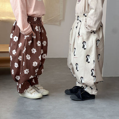 ロングパンツ・スウェットパンツ ペンギン/フラワープリントロングルーズタックパンツ【mh0010496】