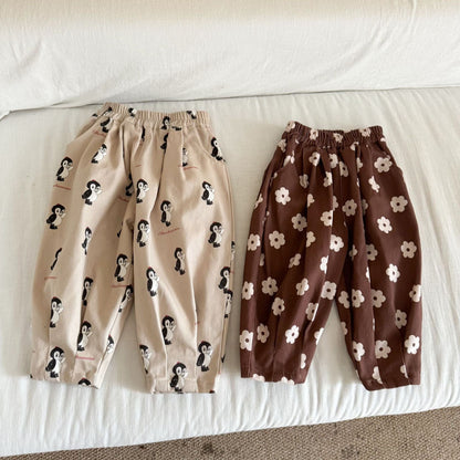 ロングパンツ・スウェットパンツ ペンギン/フラワープリントロングルーズタックパンツ【mh0010496】