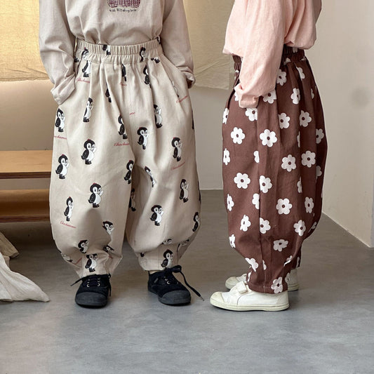 ロングパンツ・スウェットパンツ ペンギン/フラワープリントロングルーズタックパンツ【mh0010496】