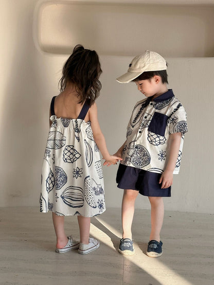 半袖セットアップ ボタニカルフルーツプリント ボーイズ半袖シャツ+ショートパンツ/ガールズノースリーブワンピース リンクコーデ 兄弟姉妹 お揃いコーデ【mh0010975】