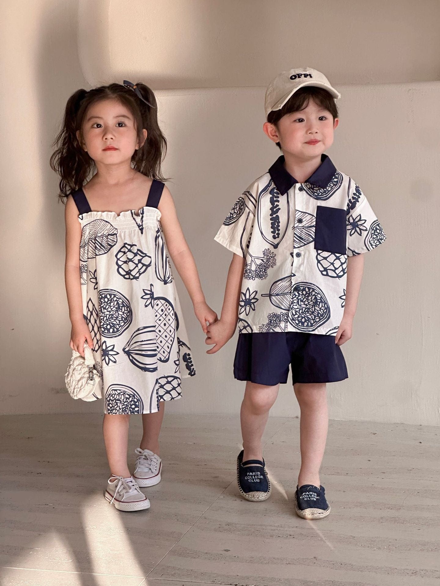 半袖セットアップ ボタニカルフルーツプリント ボーイズ半袖シャツ+ショートパンツ/ガールズノースリーブワンピース リンクコーデ 兄弟姉妹 お揃いコーデ【mh0010975】