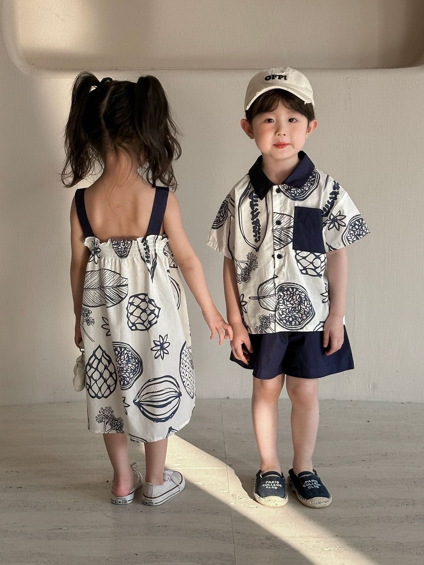半袖セットアップ ボタニカルフルーツプリント ボーイズ半袖シャツ+ショートパンツ/ガールズノースリーブワンピース リンクコーデ 兄弟姉妹 お揃いコーデ【mh0010975】