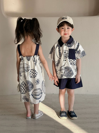 半袖セットアップ ボタニカルフルーツプリント ボーイズ半袖シャツ+ショートパンツ/ガールズノースリーブワンピース リンクコーデ 兄弟姉妹 お揃いコーデ【mh0010975】
