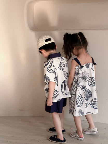 半袖セットアップ ボタニカルフルーツプリント ボーイズ半袖シャツ+ショートパンツ/ガールズノースリーブワンピース リンクコーデ 兄弟姉妹 お揃いコーデ【mh0010975】