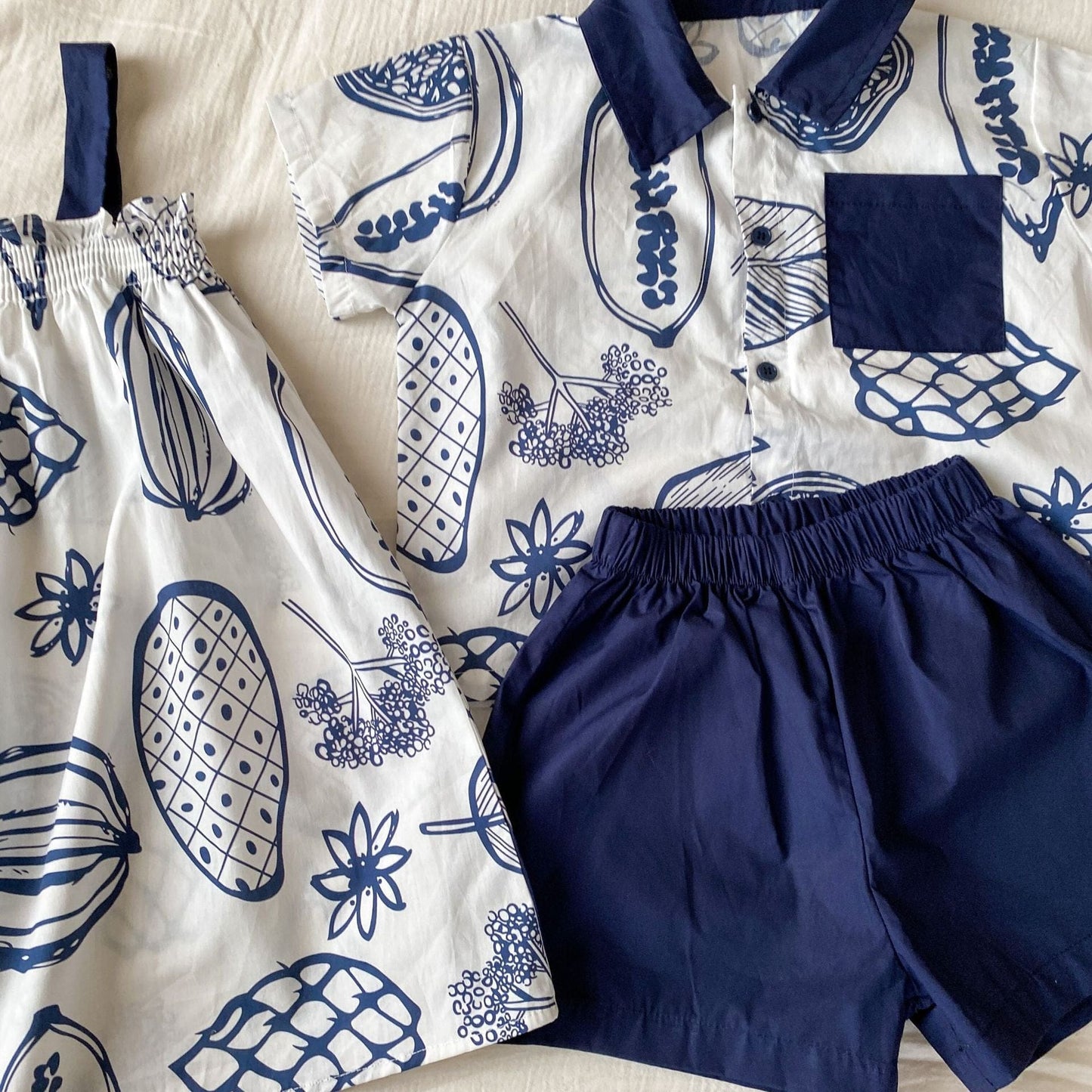 半袖セットアップ ボタニカルフルーツプリント ボーイズ半袖シャツ+ショートパンツ/ガールズノースリーブワンピース リンクコーデ 兄弟姉妹 お揃いコーデ【mh0010975】