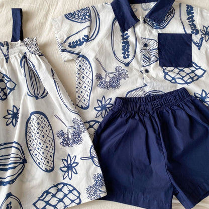半袖セットアップ ボタニカルフルーツプリント ボーイズ半袖シャツ+ショートパンツ/ガールズノースリーブワンピース リンクコーデ 兄弟姉妹 お揃いコーデ【mh0010975】