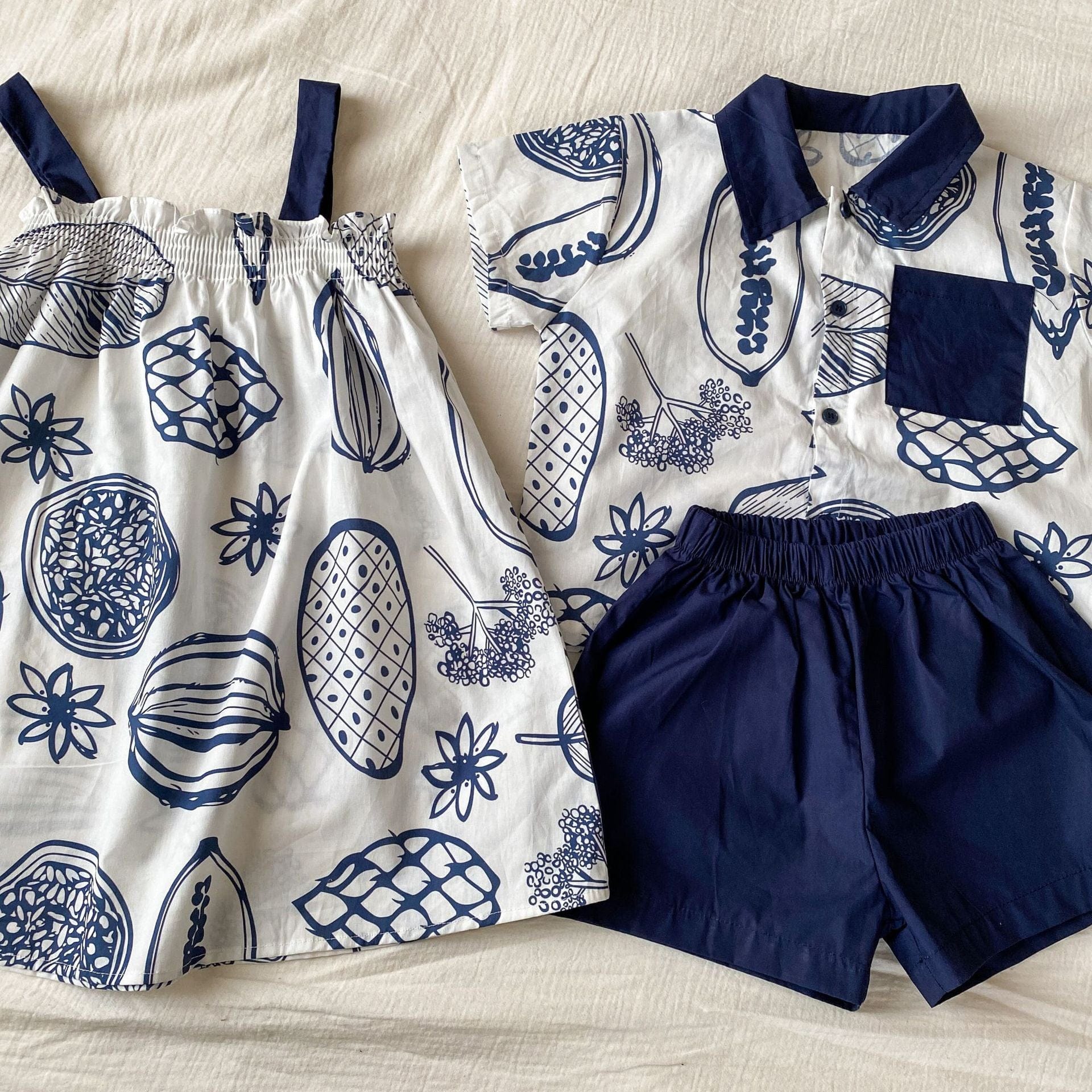 半袖セットアップ ボタニカルフルーツプリント ボーイズ半袖シャツ+ショートパンツ/ガールズノースリーブワンピース リンクコーデ 兄弟姉妹 お揃いコーデ【mh0010975】