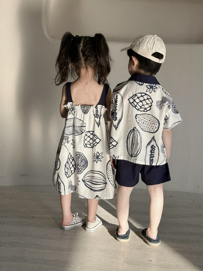 半袖セットアップ ボタニカルフルーツプリント ボーイズ半袖シャツ+ショートパンツ/ガールズノースリーブワンピース リンクコーデ 兄弟姉妹 お揃いコーデ【mh0010975】