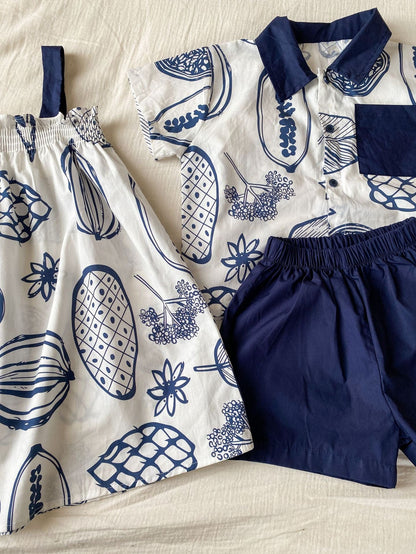 半袖セットアップ ボタニカルフルーツプリント ボーイズ半袖シャツ+ショートパンツ/ガールズノースリーブワンピース リンクコーデ 兄弟姉妹 お揃いコーデ【mh0010975】