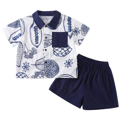 半袖セットアップ ボタニカルフルーツプリント ボーイズ半袖シャツ+ショートパンツ/ガールズノースリーブワンピース リンクコーデ 兄弟姉妹 お揃いコーデ【mh0010975】