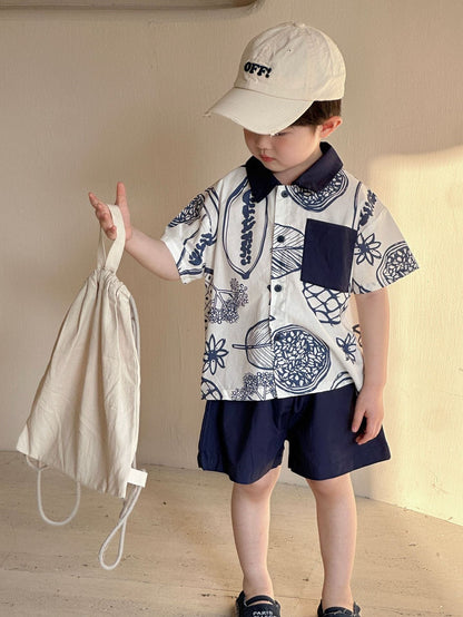 半袖セットアップ ボタニカルフルーツプリント ボーイズ半袖シャツ+ショートパンツ/ガールズノースリーブワンピース リンクコーデ 兄弟姉妹 お揃いコーデ【mh0010975】