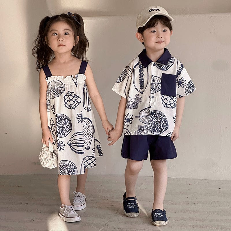 半袖セットアップ ボタニカルフルーツプリント ボーイズ半袖シャツ+ショートパンツ/ガールズノースリーブワンピース リンクコーデ 兄弟姉妹 お揃いコーデ【mh0010975】