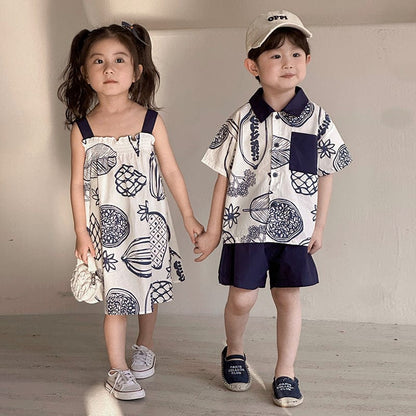 半袖セットアップ ボタニカルフルーツプリント ボーイズ半袖シャツ+ショートパンツ/ガールズノースリーブワンピース リンクコーデ 兄弟姉妹 お揃いコーデ【mh0010975】