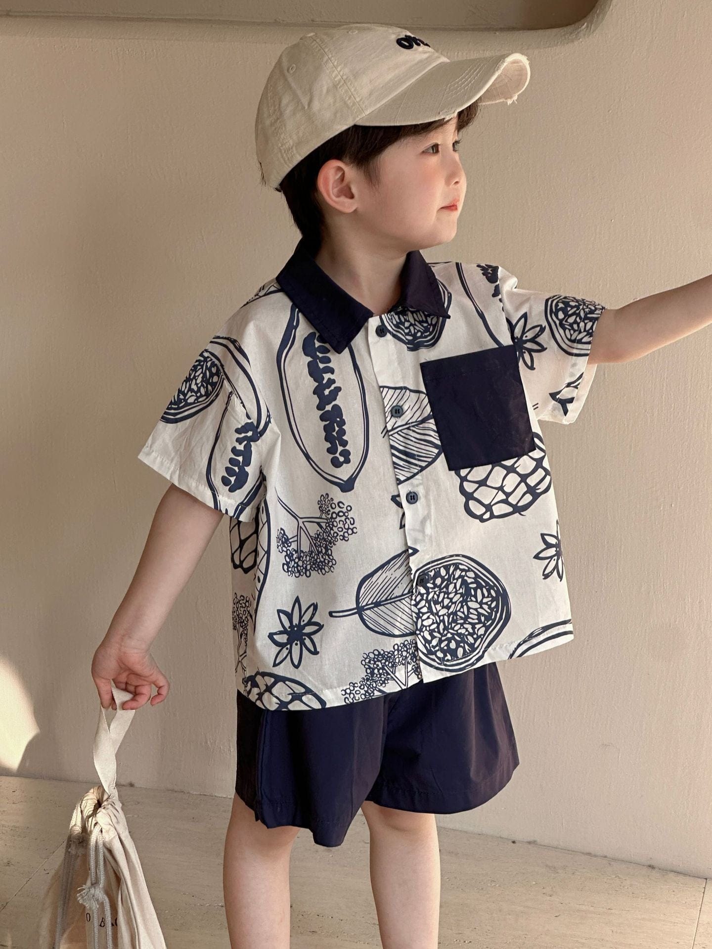 半袖セットアップ ボタニカルフルーツプリント ボーイズ半袖シャツ+ショートパンツ/ガールズノースリーブワンピース リンクコーデ 兄弟姉妹 お揃いコーデ【mh0010975】