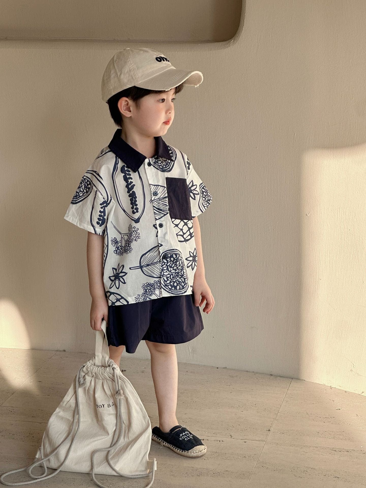 半袖セットアップ ボタニカルフルーツプリント ボーイズ半袖シャツ+ショートパンツ/ガールズノースリーブワンピース リンクコーデ 兄弟姉妹 お揃いコーデ【mh0010975】
