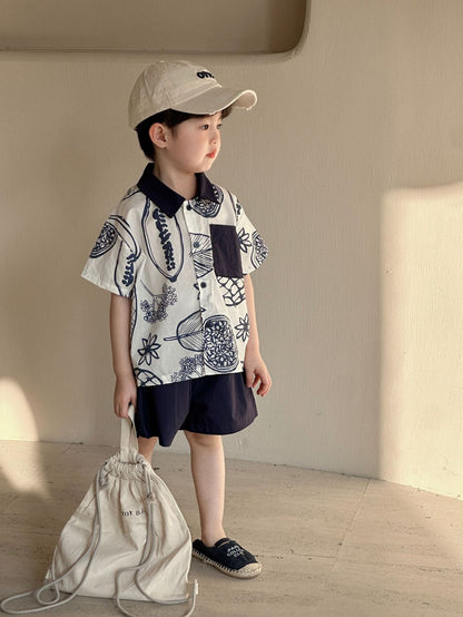 半袖セットアップ ボタニカルフルーツプリント ボーイズ半袖シャツ+ショートパンツ/ガールズノースリーブワンピース リンクコーデ 兄弟姉妹 お揃いコーデ【mh0010975】