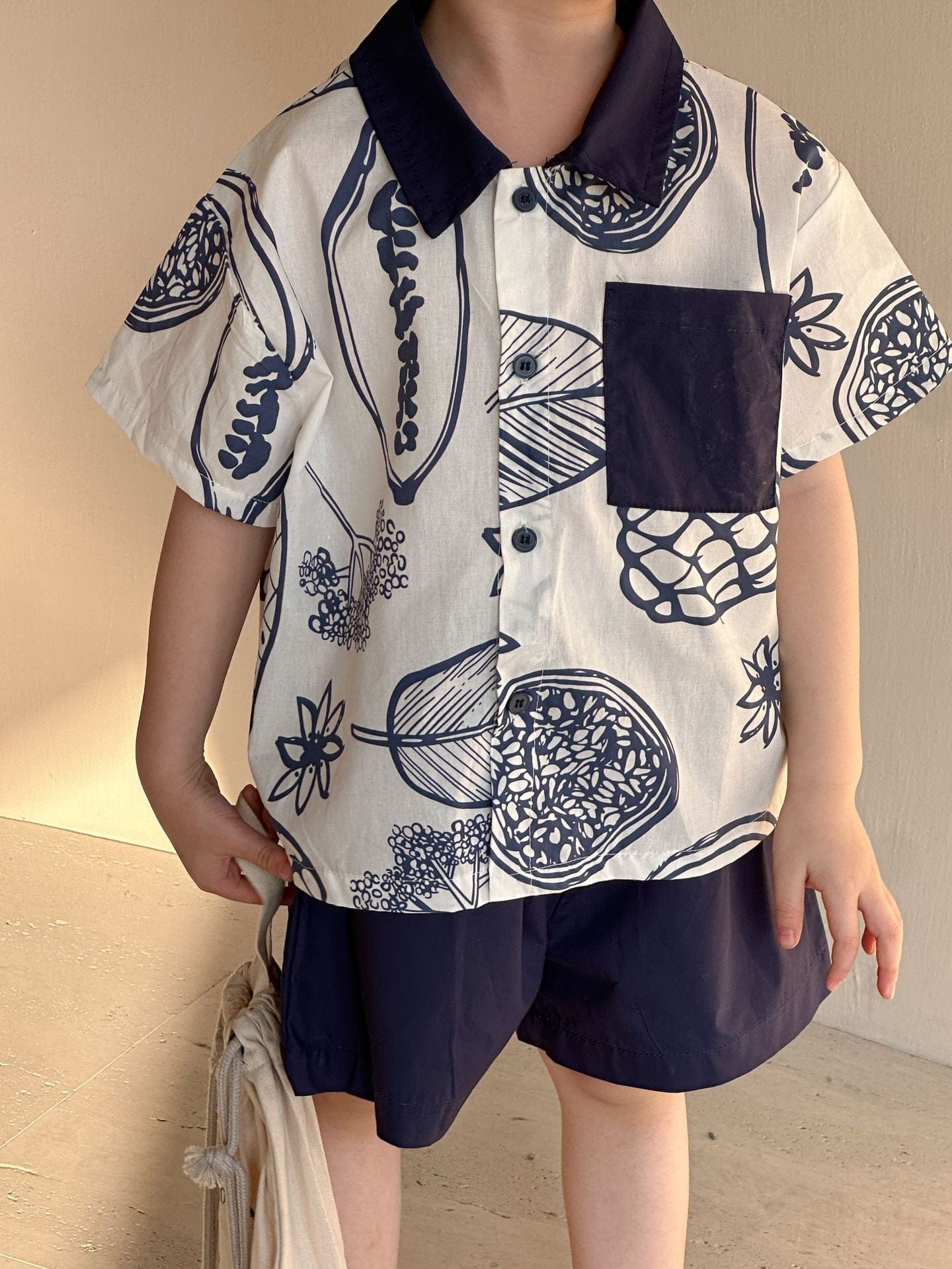 半袖セットアップ ボタニカルフルーツプリント ボーイズ半袖シャツ+ショートパンツ/ガールズノースリーブワンピース リンクコーデ 兄弟姉妹 お揃いコーデ【mh0010975】