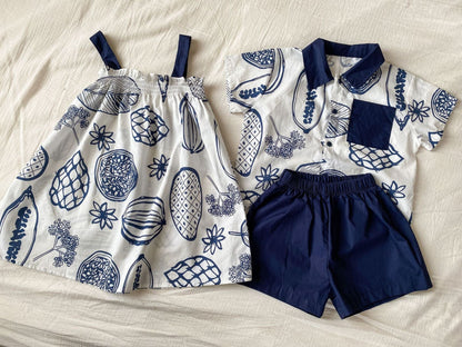 半袖セットアップ ボタニカルフルーツプリント ボーイズ半袖シャツ+ショートパンツ/ガールズノースリーブワンピース リンクコーデ 兄弟姉妹 お揃いコーデ【mh0010975】