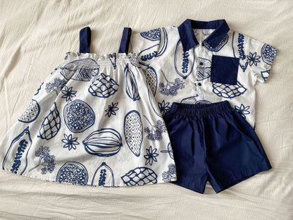 半袖セットアップ ボタニカルフルーツプリント ボーイズ半袖シャツ+ショートパンツ/ガールズノースリーブワンピース リンクコーデ 兄弟姉妹 お揃いコーデ【mh0010975】