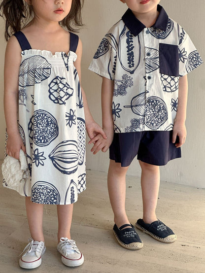 半袖セットアップ ボタニカルフルーツプリント ボーイズ半袖シャツ+ショートパンツ/ガールズノースリーブワンピース リンクコーデ 兄弟姉妹 お揃いコーデ【mh0010975】