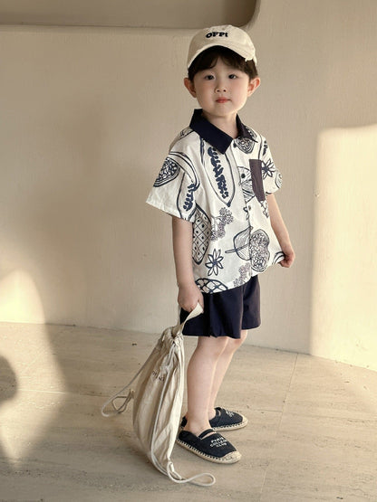 半袖セットアップ ボタニカルフルーツプリント ボーイズ半袖シャツ+ショートパンツ/ガールズノースリーブワンピース リンクコーデ 兄弟姉妹 お揃いコーデ【mh0010975】