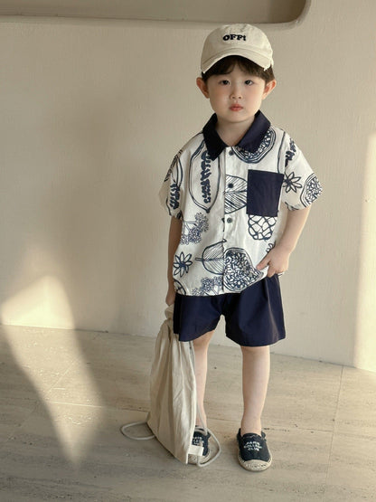 半袖セットアップ ボタニカルフルーツプリント ボーイズ半袖シャツ+ショートパンツ/ガールズノースリーブワンピース リンクコーデ 兄弟姉妹 お揃いコーデ【mh0010975】