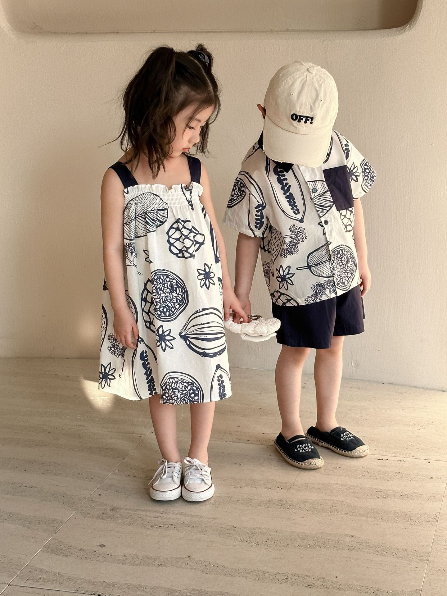 半袖セットアップ ボタニカルフルーツプリント ボーイズ半袖シャツ+ショートパンツ/ガールズノースリーブワンピース リンクコーデ 兄弟姉妹 お揃いコーデ【mh0010975】