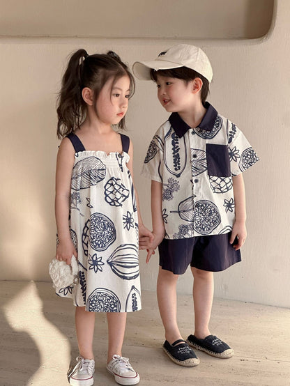 半袖セットアップ ボタニカルフルーツプリント ボーイズ半袖シャツ+ショートパンツ/ガールズノースリーブワンピース リンクコーデ 兄弟姉妹 お揃いコーデ【mh0010975】