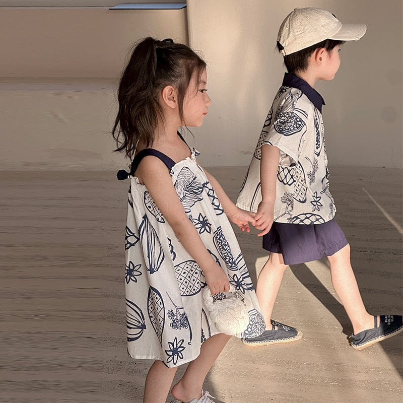 半袖セットアップ ボタニカルフルーツプリント ボーイズ半袖シャツ+ショートパンツ/ガールズノースリーブワンピース リンクコーデ 兄弟姉妹 お揃いコーデ【mh0010975】