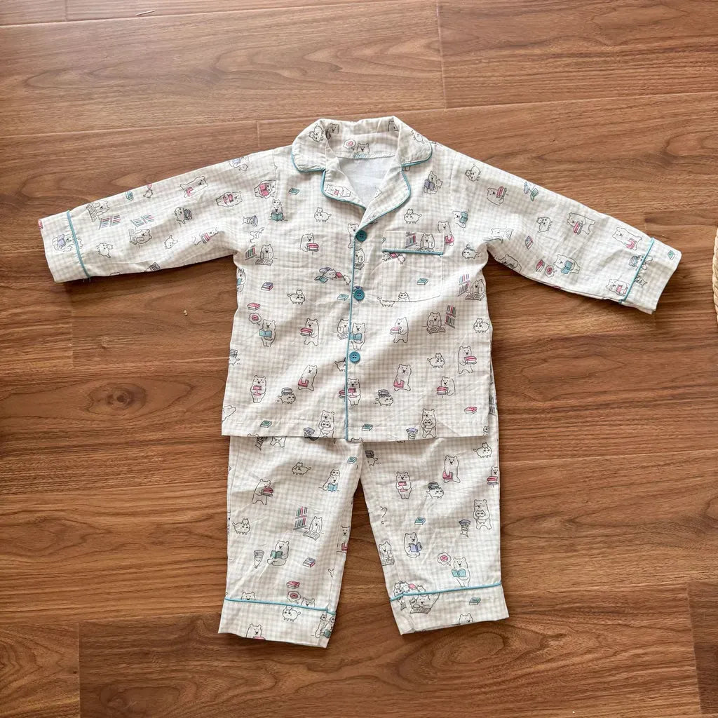 長袖パジャマ multicolor / 80cm チェックベアくまプリント/丸襟長袖パジャマセットアップ 2点セット【mh0011236】