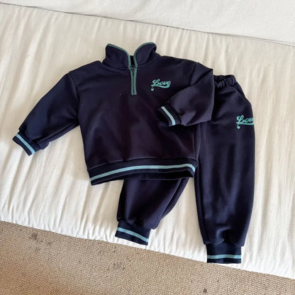 長袖セットアップ Navy / 80cm LOVE刺繍ハーフジップスウェットセットアップ 2点セット【mh0011251】