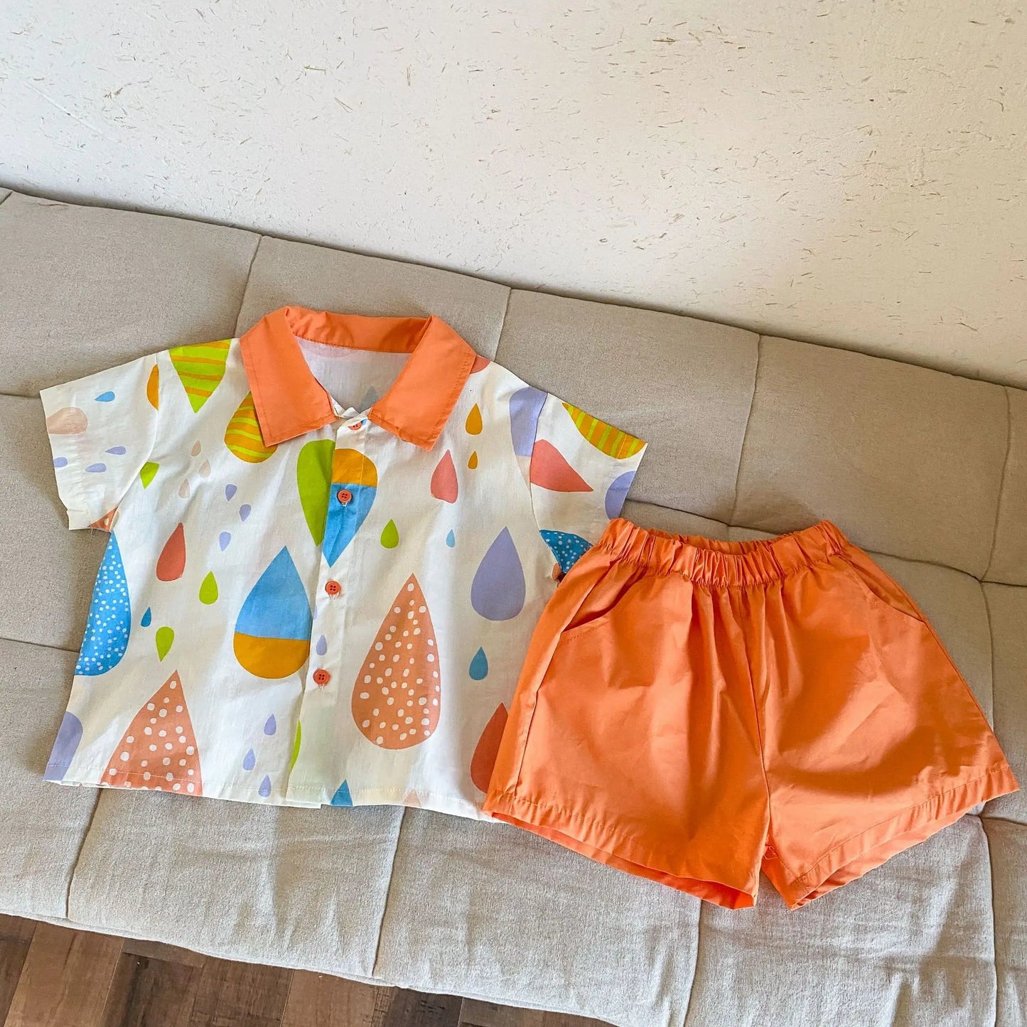 半袖セットアップ one set / 18M (80) キッズワンピース/セットアップ 2点セット カラフルバルーンプリントフラワー襟ノースリーブワンピース/半袖シャツ+ショートパンツ リンクコーデ 兄弟姉妹 お揃いコーデ【mh0008873】