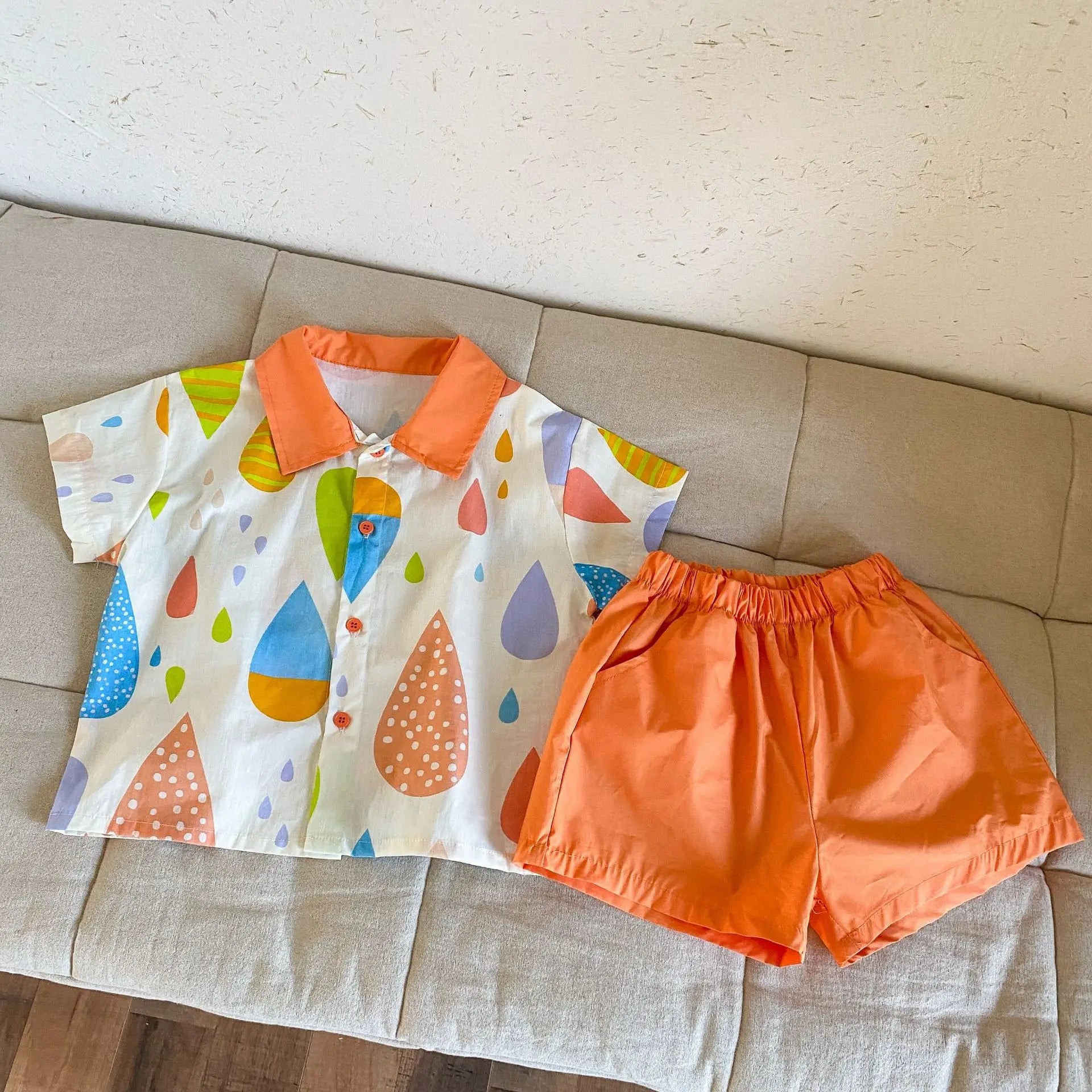 半袖セットアップ one set / 18M (80) キッズワンピース/セットアップ 2点セット カラフルバルーンプリントフラワー襟ノースリーブワンピース/半袖シャツ+ショートパンツ リンクコーデ 兄弟姉妹 お揃いコーデ【mh0008873】