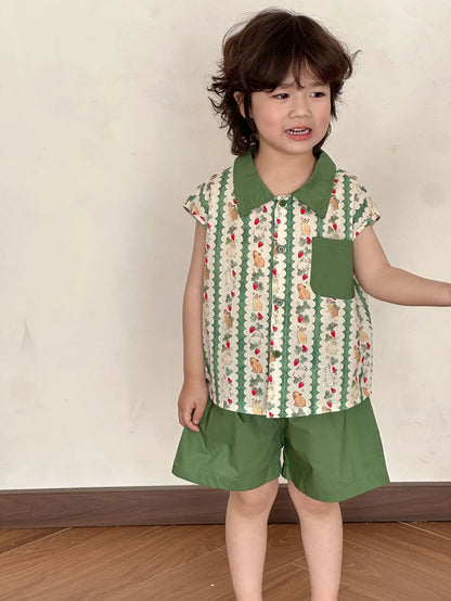 半袖セットアップ one set / 18M (80) キッズワンピース/セットアップ 2点セット うさぎいちごプリントキャミソールワンピース/半袖シャツ+ショートパンツ リンクコーデ 兄弟姉妹 お揃いコーデ【mh0008876】