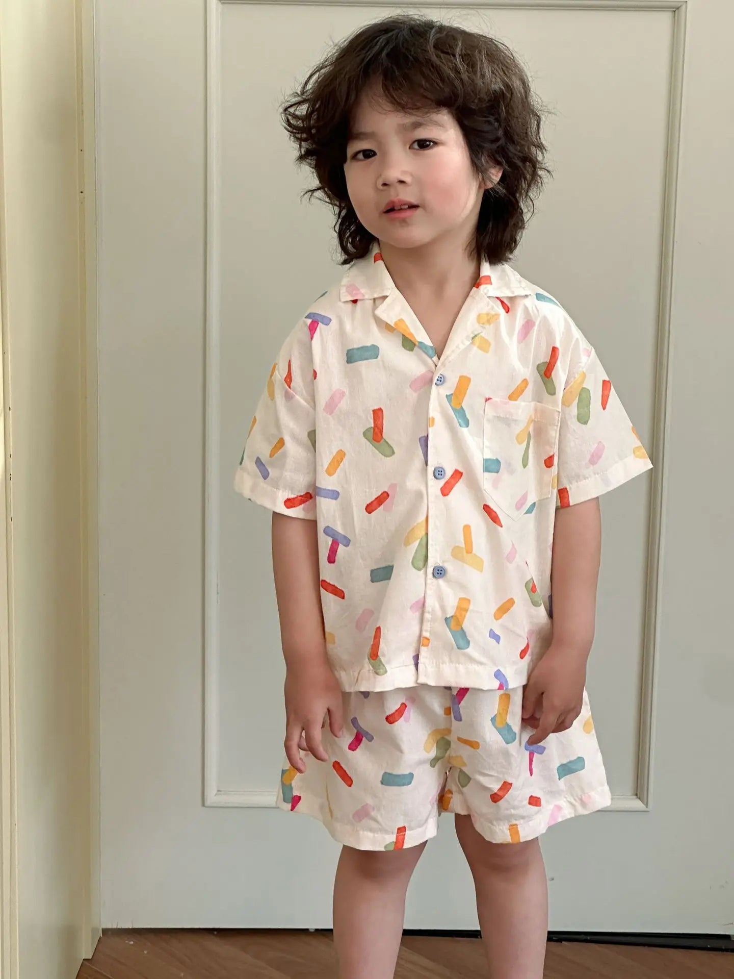 半袖セットアップ one set / 18M (80) キッズワンピース/セットアップ 2点セット カラフル幾何学プリント柄半袖シャツワンピース/半袖シャツ+ショートパンツ リンクコーデ 兄弟姉妹 お揃いコーデ【mh0008877】