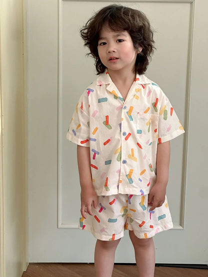 半袖セットアップ one set / 18M (80) キッズワンピース/セットアップ 2点セット カラフル幾何学プリント柄半袖シャツワンピース/半袖シャツ+ショートパンツ リンクコーデ 兄弟姉妹 お揃いコーデ【mh0008877】