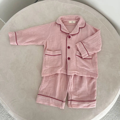 長袖パジャマ Pink / 18M (80) キッズセットアップ 2点セット 長袖パジャマセット シンプル前あきオープンカラー長袖シャツ+ルーズロングパンツ【mh0008643】