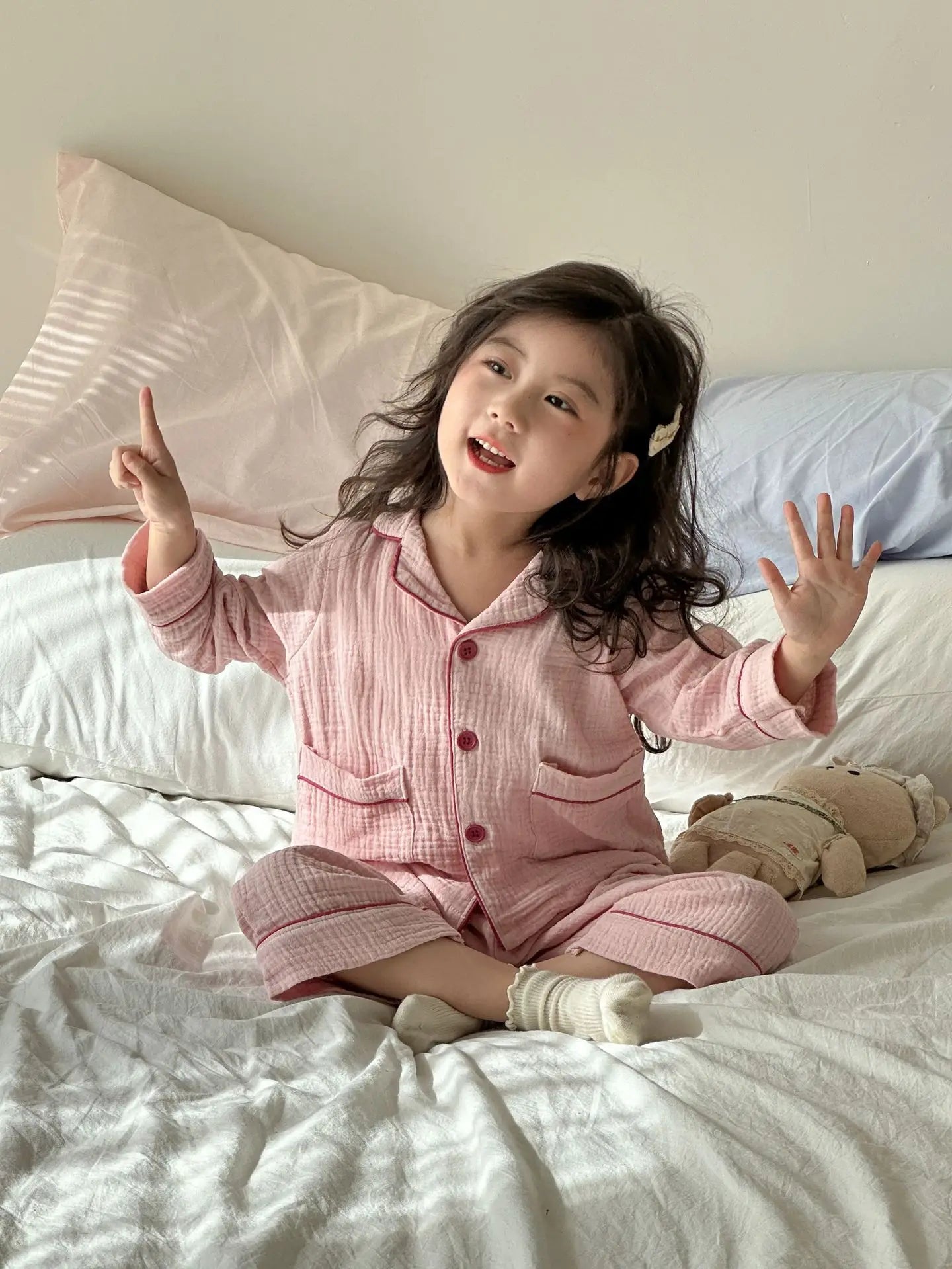 長袖パジャマ pink / 80cm 12M キッズ長袖パジャマセット パステルカラー長袖シャツ+ロングパンツセット【mh-0008519】