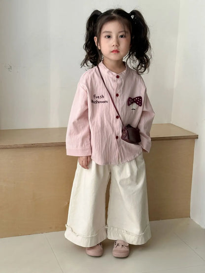 長袖シャツ・ブラウス Pink / 80cm 12M キッズトップス アップリケ刺繍ノーカラー長袖シャツブラウス【mh0008834】