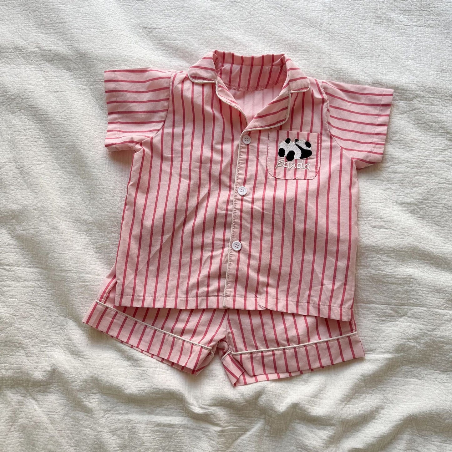 半袖セットアップ Pink / 80cm パンダストライプ半袖シャツ+ショートパンツセットアップ 2点セット【mh0010188】