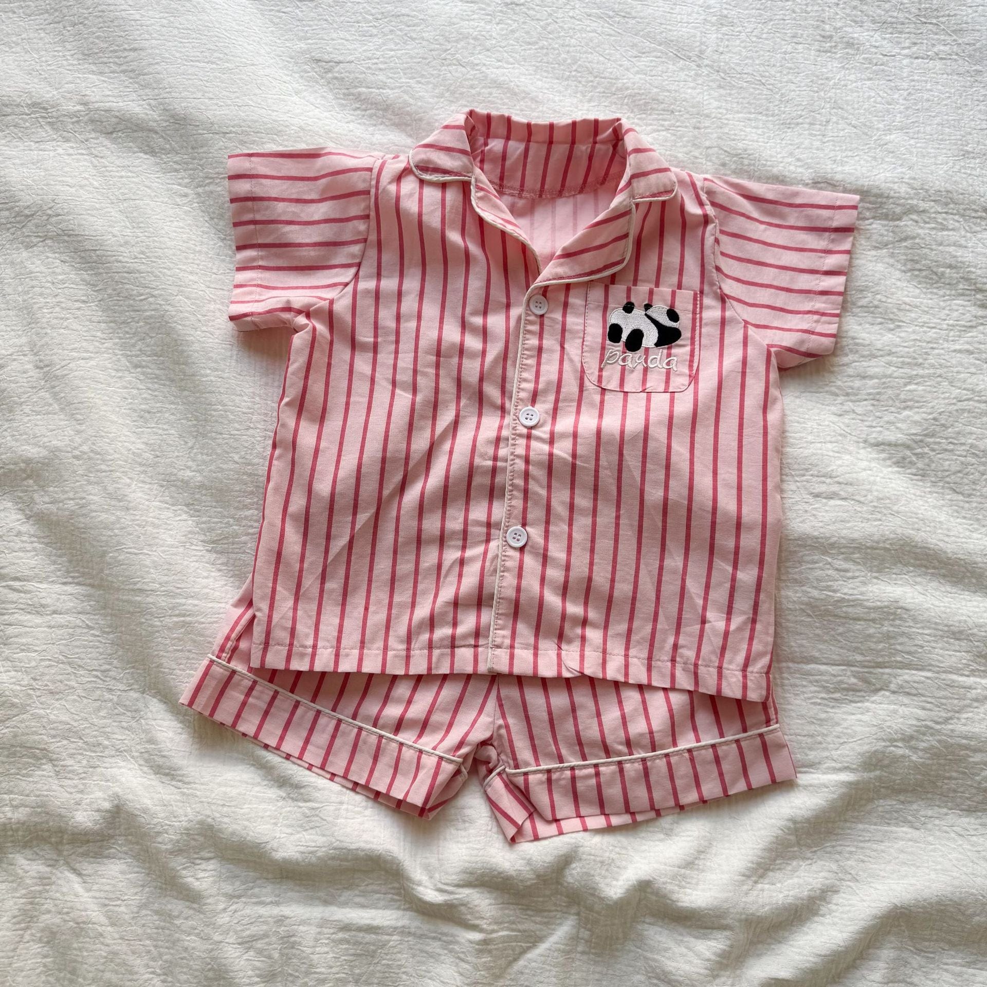 半袖セットアップ Pink / 80cm パンダストライプ半袖シャツ+ショートパンツセットアップ 2点セット【mh0010188】