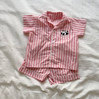 半袖セットアップ Pink / 80cm パンダストライプ半袖シャツ+ショートパンツセットアップ 2点セット【mh0010188】