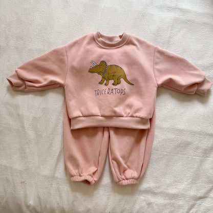 長袖セットアップ Pink / 80cm ダイナソー恐竜プリント長袖スウェットセットアップ 2点セット【mh0010494】