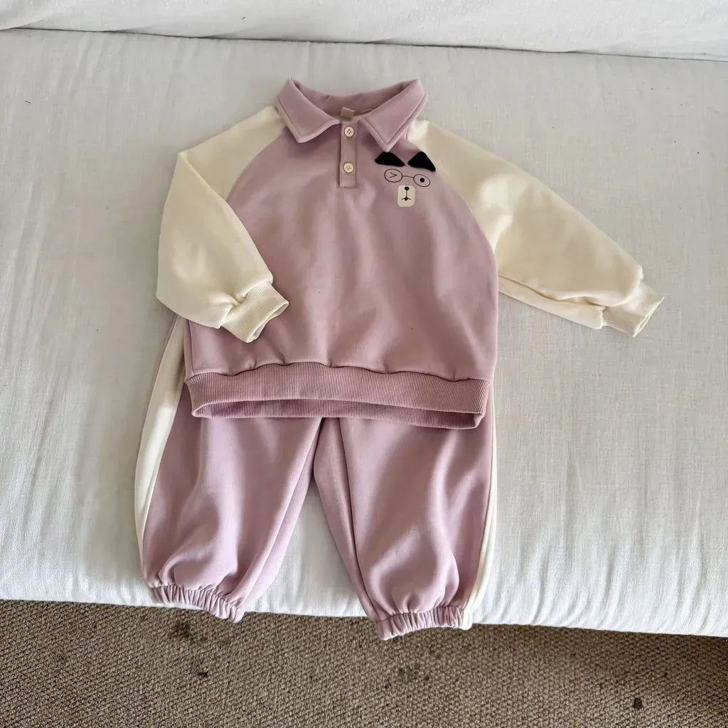 長袖セットアップ Pink / 80cm クマ刺繍襟付きスウェットセットアップ 2点セット【mh0011234】