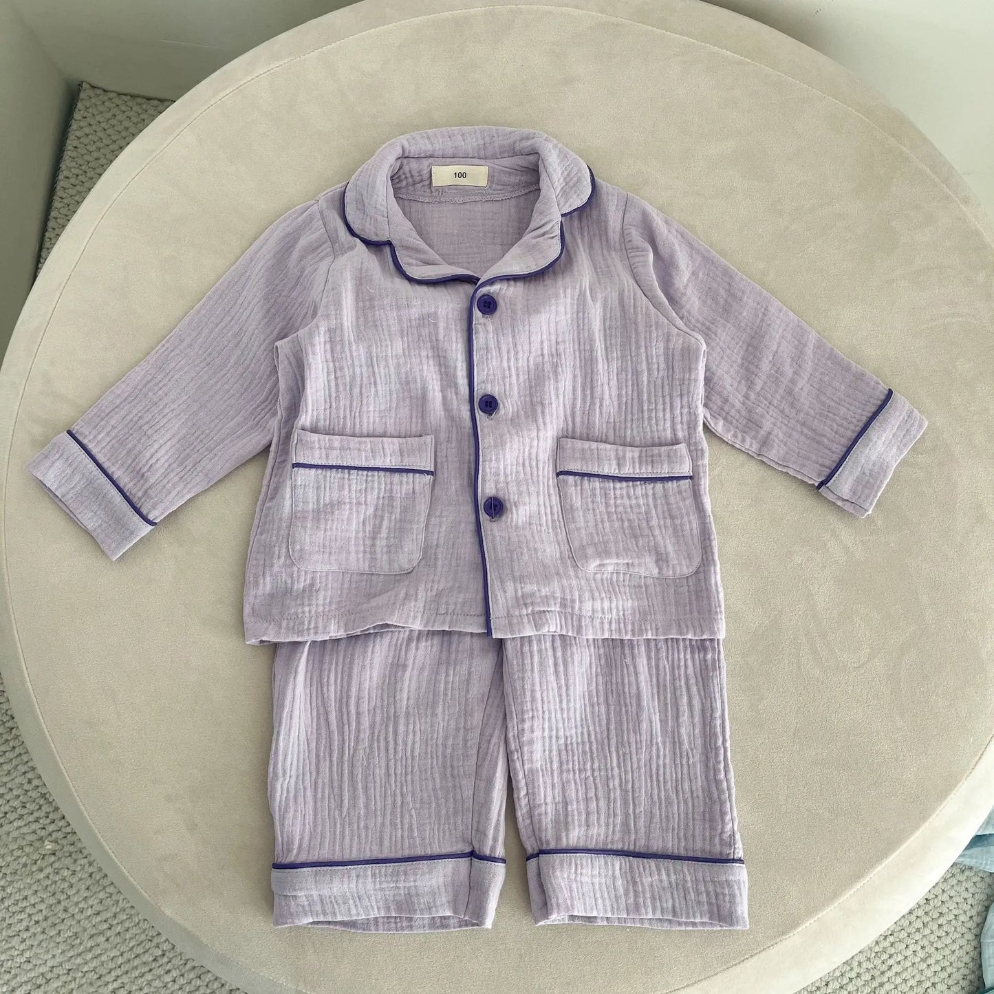 長袖パジャマ Purple / 18M (80) キッズセットアップ 2点セット 長袖パジャマセット シンプル前あきオープンカラー長袖シャツ+ルーズロングパンツ【mh0008643】
