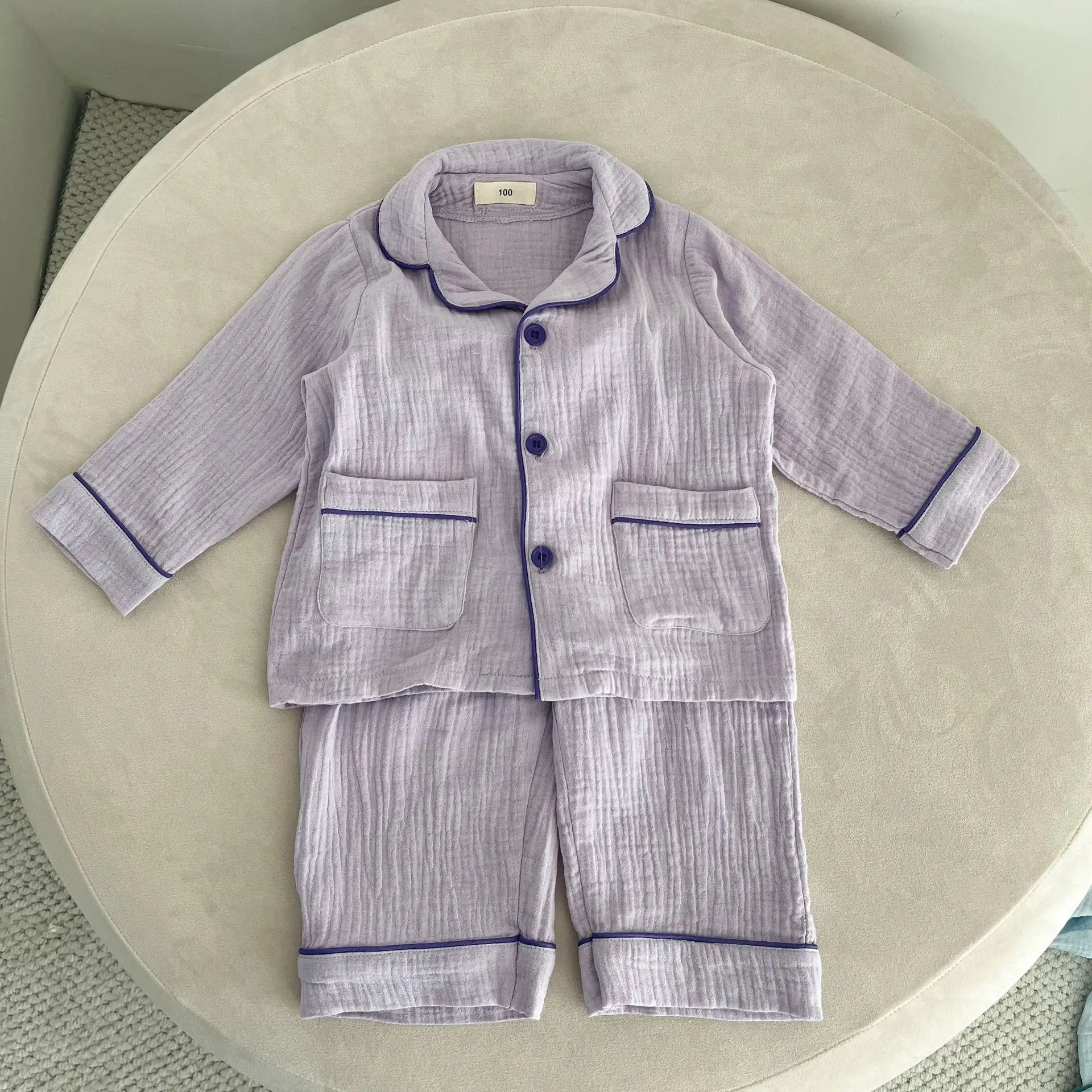 長袖パジャマ Purple / 18M (80) キッズセットアップ 2点セット 長袖パジャマセット シンプル前あきオープンカラー長袖シャツ+ルーズロングパンツ【mh0008643】